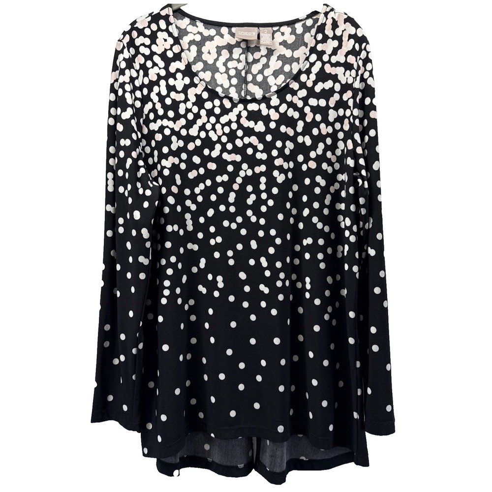 Chicos Womens Tunic Top Size Large Pink Black White Long Sleeve Pullover Stretch